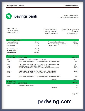 Comoros iSavings Bank Statement (Word)